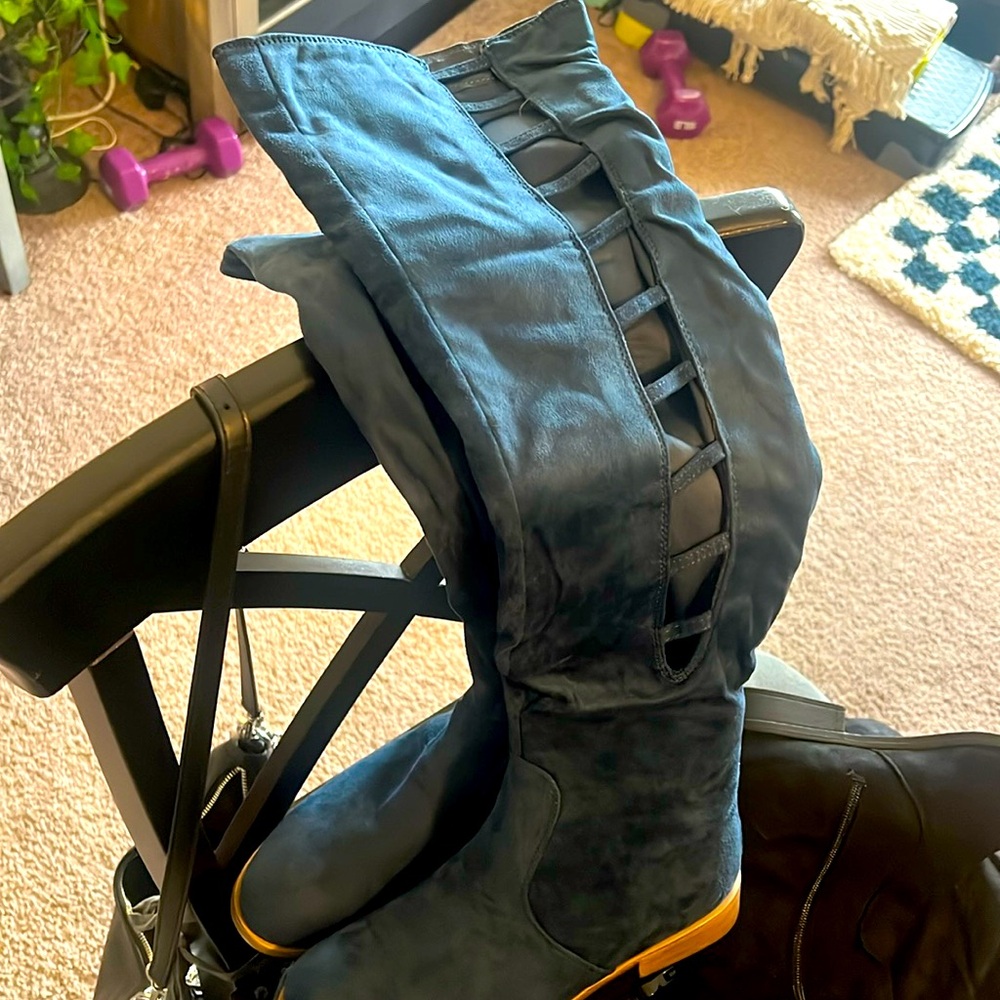 Blue suede knee boots. Never worn